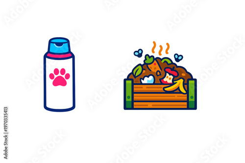 A flat vector illustration featuring a white pet shampoo bottle with