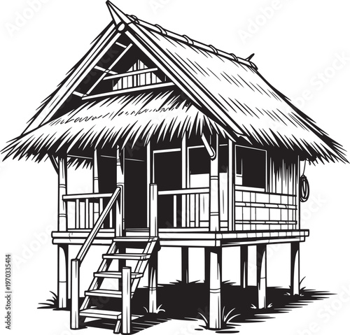 A detailed black and white illustration of a traditional stilt house with a thatched roof