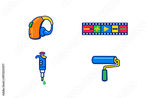 A set of four colorful flat icons featuring a hearing aid, a film