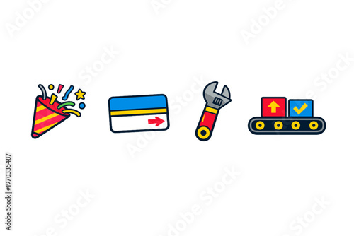 A set of four colorful flat icons featuring a party popper with