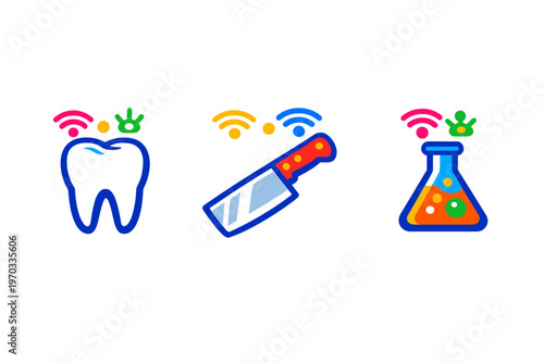 A set of three colorful vector icons featuring a molar tooth, a