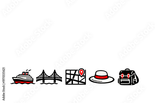 A collection of five minimalist travel icons including a cruise ship