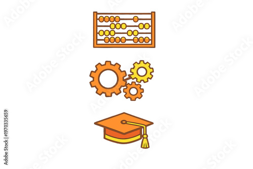 A vertical set of three educational icons featuring a wooden abacus