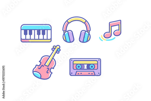 A collection of stylized music icons including a piano keyboard