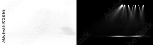 Realistic glowing white studio spotlights shining brightly from above, creating cinematic volumetric light beams and illuminating floating dust particles on a transparent background.