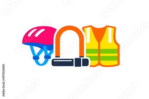 A flat illustration of essential bicycle safety equipment including a