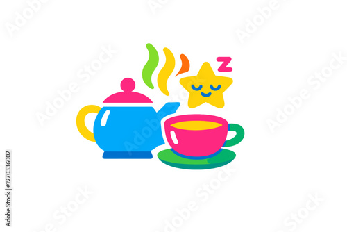 Colorful vector graphic featuring a blue teapot and pink teacup with