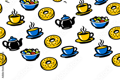Vibrant seamless pattern with cartoonish illustrations of steaming