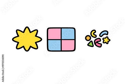A flat illustration featuring a yellow starburst shape, a pink and