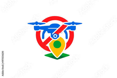 A flat vector illustration depicting a blue drone over a red
