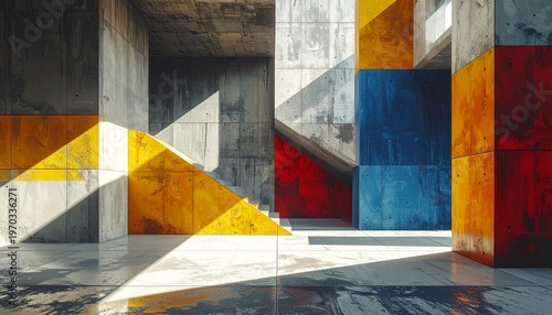Modern brutalist architecture bathed in dramatic sunlight and vibrant color accents