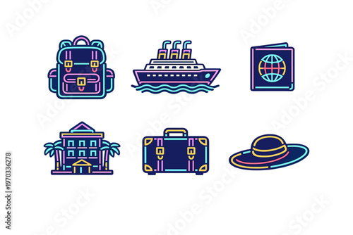 A set of six travel and vacation icons designed in a vibrant neon