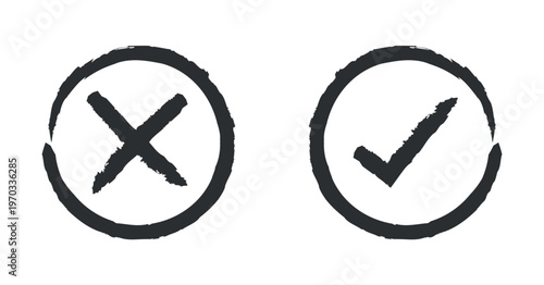 Checkmark and Cross Mark Icons in Circles Brush Stroke Style Isolated on White
