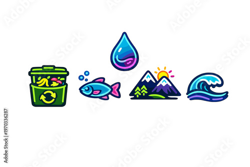 Set of colorful nature and ecology icons including a recycling bin