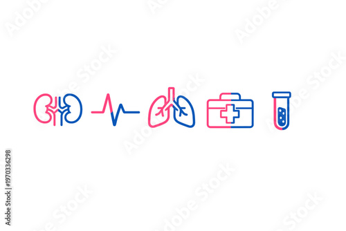 Set of minimalist medical icons featuring kidneys, a heartbeat line