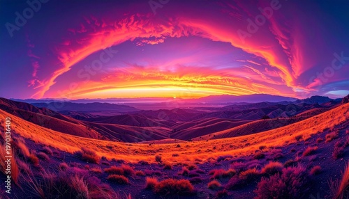 Cinematic 360 Degree Sunset Panorama with Dramatic Wispy Clouds and Purple Atmosphere.