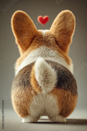 The cartoon Welsh Corgi's heart-shaped butt. A cute dog with a red heart on its nose