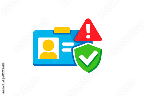 A 3D illustration featuring a blue identification card with a person