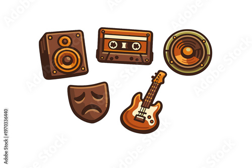 A collection of retro music and theater icons including a wooden
