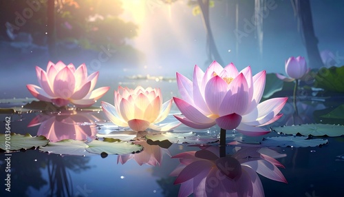 Luxury Floral Illustration of Glowing Pink Lotus Blossoms in a Mysterious Dreamlike Environment.