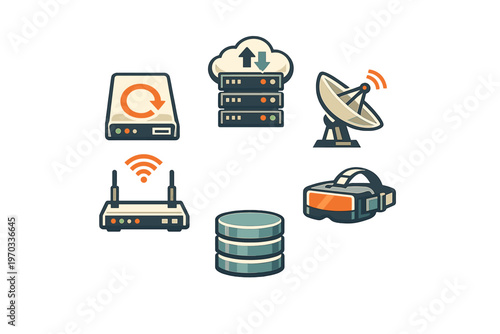 Set of six technology and networking icons including a cloud server