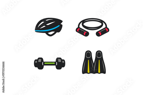 A set of four flat vector icons representing different sports and