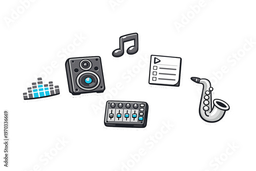Six music-themed stickers featuring a speaker, saxophone, musical