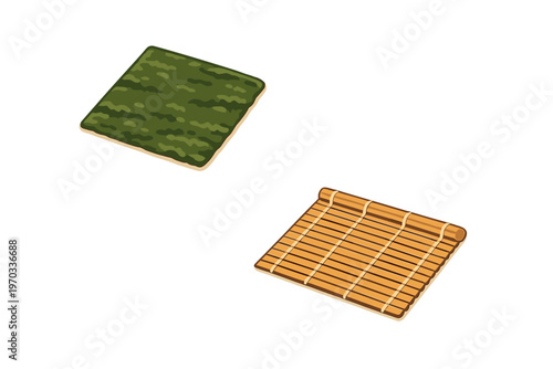 An illustration featuring a sheet of green nori seaweed and a