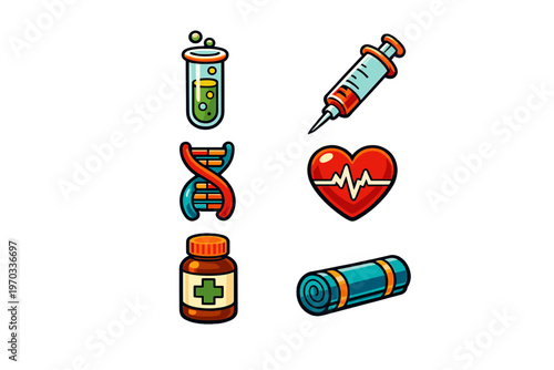 Set of colorful medical and health icons featuring a laboratory test