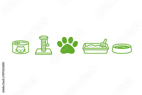 A set of five green minimalist line art icons representing cat care