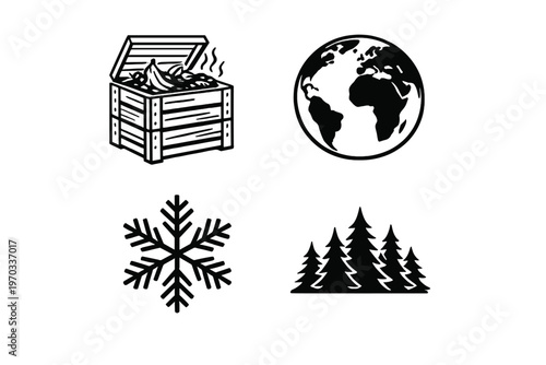A collection of four black and white icons featuring a compost bin