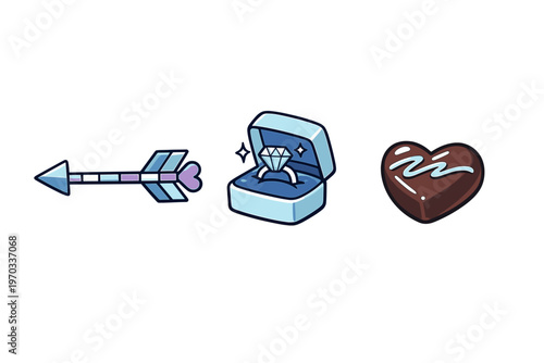 Three cute romantic illustrations featuring a striped arrow with