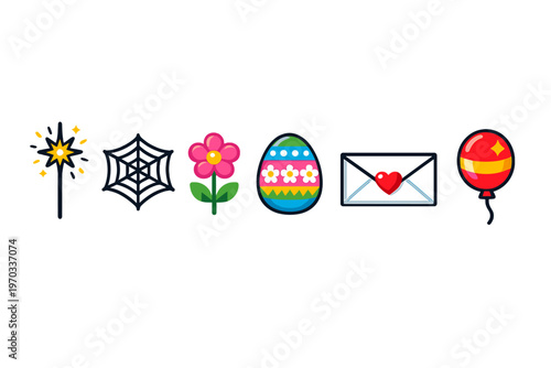 A collection of six flat vector icons featuring a magic sparkler