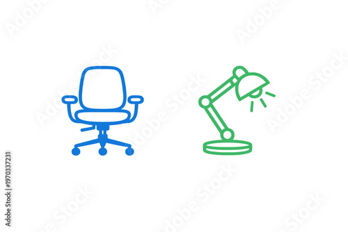 A blue line art icon of an ergonomic office chair with wheels and