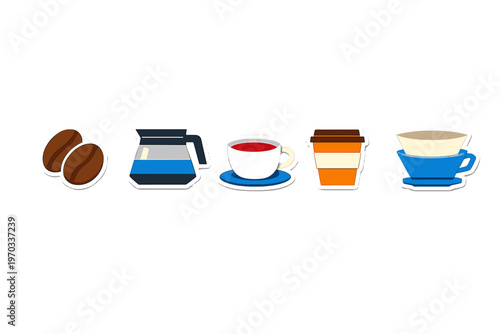 A collection of coffee-themed stickers including roasted beans, a