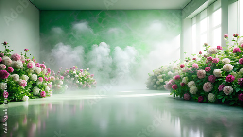 An abstract image of a bright room's concrete floor with pink and white flower buds. A white backdrop for a room or stage for product placement. A panoramic view of abstract green fog. 
