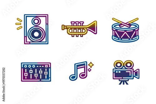 A set of six colorful neon icons featuring a speaker, trumpet, drum