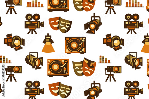 A seamless pattern featuring various entertainment and media icons