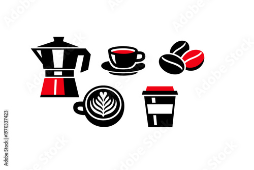 A set of minimalist coffee icons including a moka pot, espresso cup