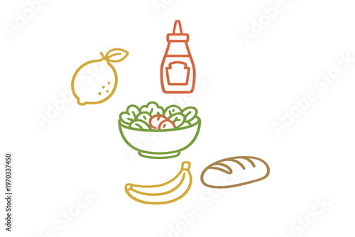 Minimalist line art illustration featuring a variety of food items