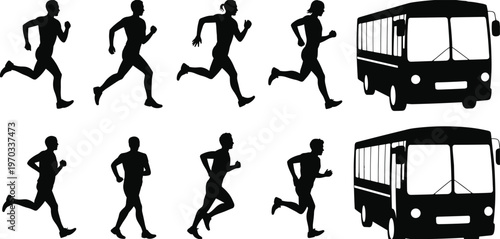 Transportation silhouette illustration, people running toward buses in dynamic poses, urgency theme, city lifestyle, vector art, black silhouettes, isolated, bold striking design