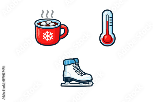 A collection of three winter icons including a red mug of steaming