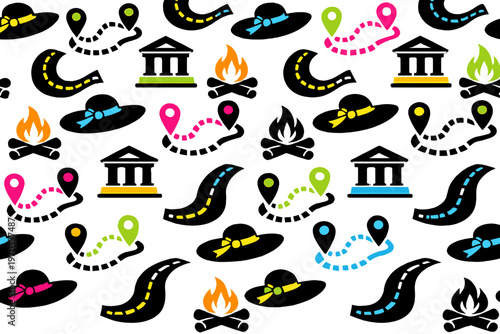 Seamless pattern with travel and tourism icons including sun hats