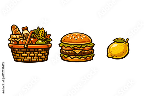A collection of cartoon-style food illustrations featuring a full