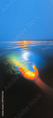 Surreal Ocean Reflection with Glowing Hand Holding Moon Light – Dreamlike Fantasy Wallpaper