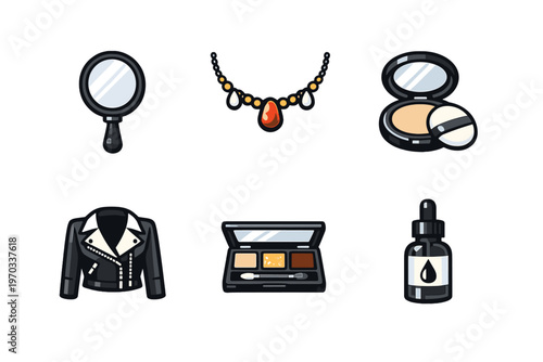 A collection of six fashion and beauty icons featuring a hand mirror