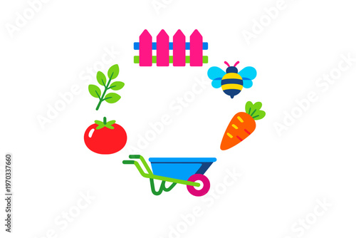 A colorful collection of flat gardening icons including a