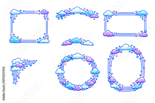 Collection of decorative digital cloud frames with circuit patterns