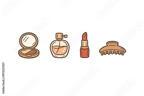 A collection of four stylized beauty icons featuring a compact powder