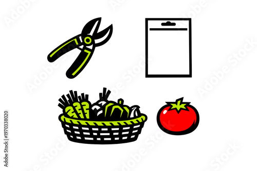 Vector illustration of gardening tools and produce including pruning